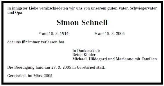 Schnell Simon 1914-2005 Todesanzeige